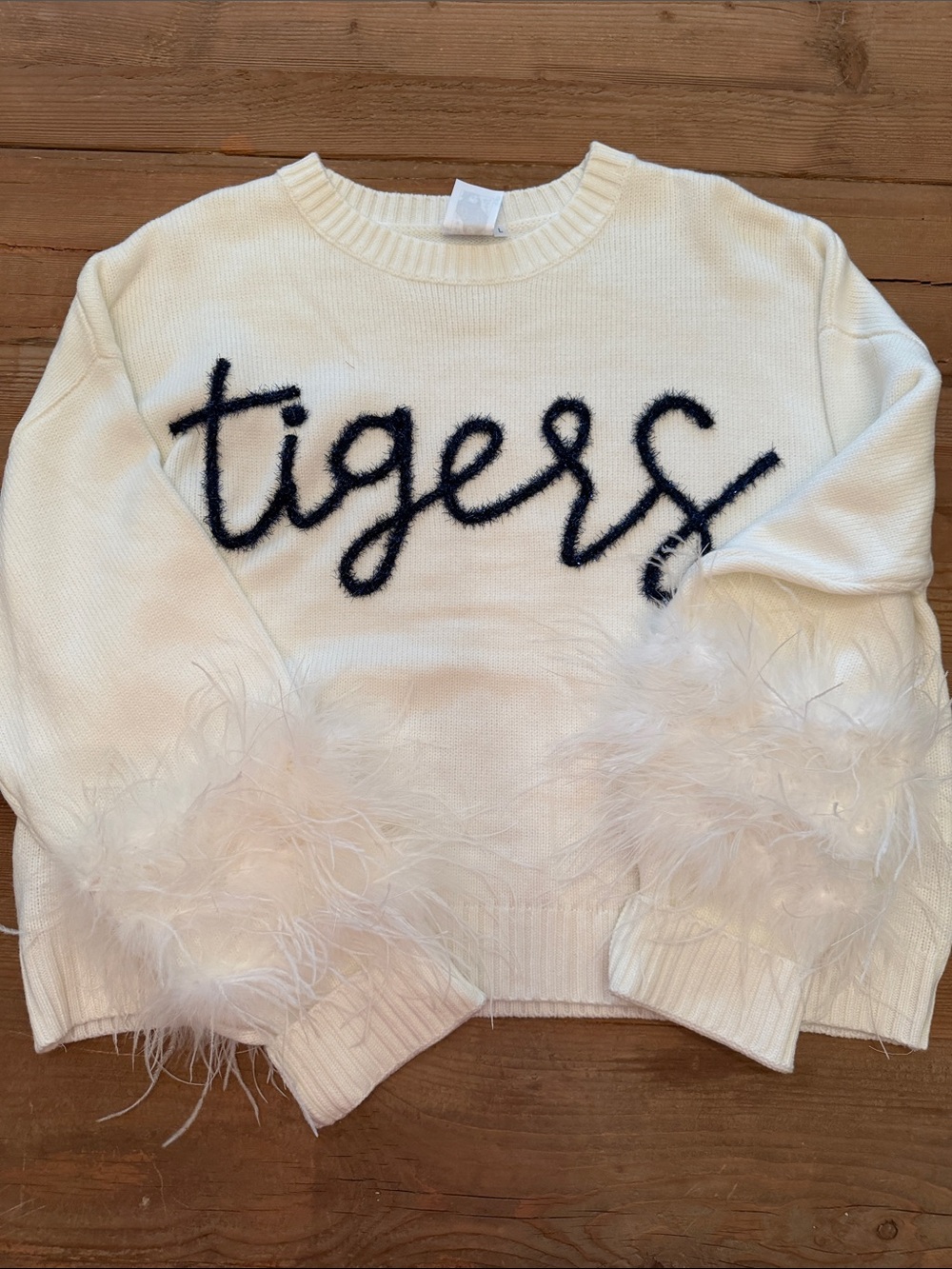Ivory 'tigers' Feather Cuff Crewneck Sweater